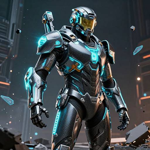 CGI image of a futuristic, armored soldier with glowing blue accents, yellow visor, and sleek black and silver exosuit, standing amidst debris