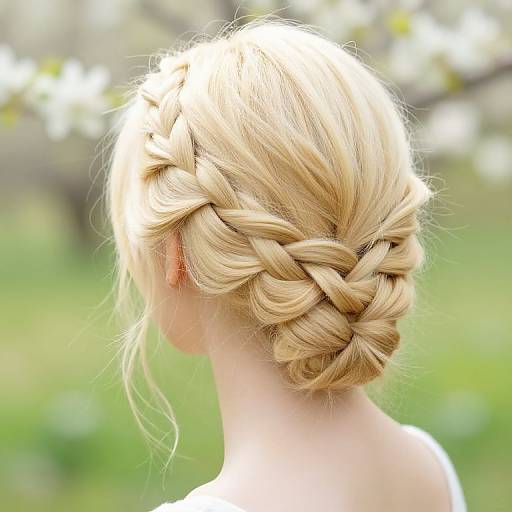 Photograph of a blonde woman with intricate braided updo, viewed from behind, in a sunlit, blurred green and white garden.