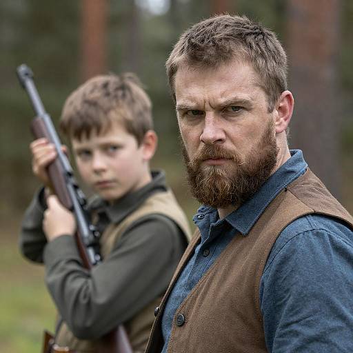 Intense Bearded Man and Young Boy in Forest