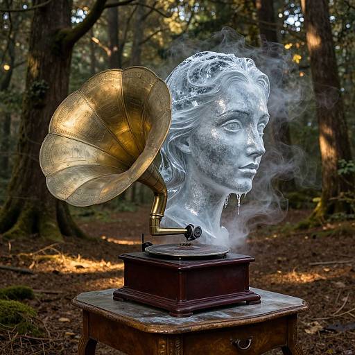 Photograph of a ghostly, smoke-wreathed, silver bust with a vintage brass gramophone on a wooden pedestal in a forest.