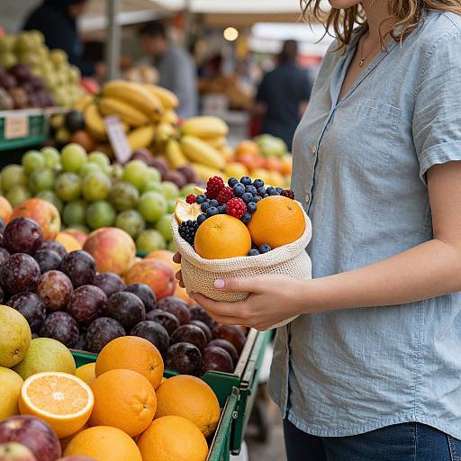Photograph of a woman in a blue shirt, holding a basket of fresh oranges, blueberries, raspberries, at a vibrant outdoor fruit market.