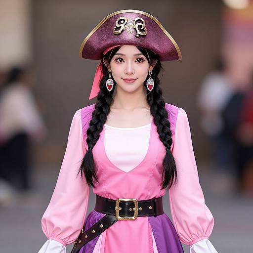 Photograph of an Asian woman in a pink pirate dress with a purple hat, black braids, and pink earrings, standing outdoors. Blurred background