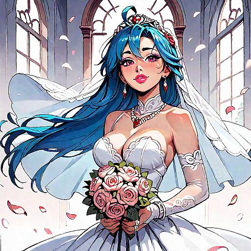 Digital anime-style illustration of a beautiful bride with long blue hair, pink eyes, and red lips, holding a bouquet of roses, wearing a white lace