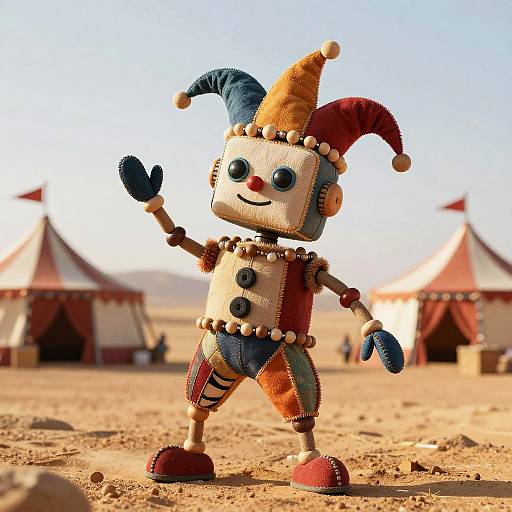 Whimsical Robot Jester in Desert Circus