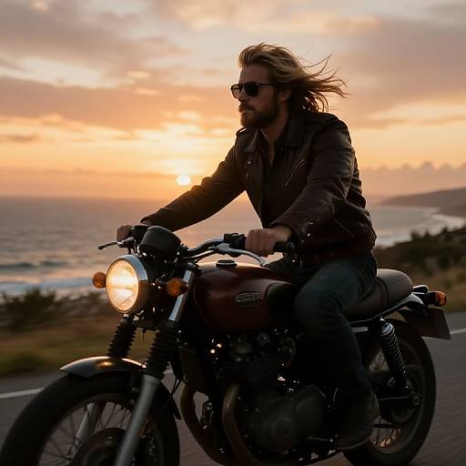 Photograph of a bearded man with long hair, wearing sunglasses and a dark jacket, riding a motorcycle at sunset with a glowing headlight, ocean