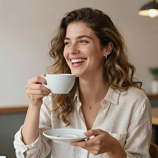 Joyful Woman Enjoying Coffee in Café