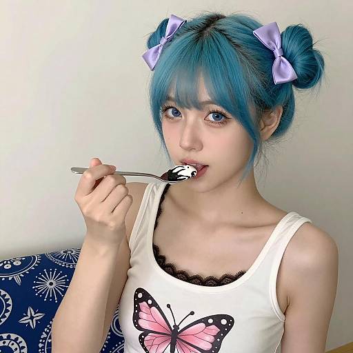 Young Woman with Turquoise Hair Licking Spoon