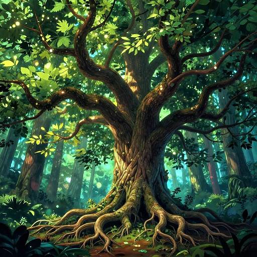 Digital fantasy artwork of a massive, gnarled tree with thick roots, glowing green leaves, and sunlight filtering through a dense forest.
