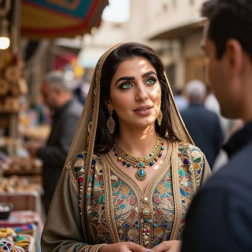 Photograph of a South Asian woman with green eyes, wearing an ornate traditional embroidered kameez and veil, adorned with gold jewelry, conversing