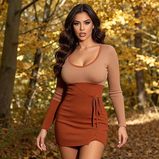Photograph of a beautiful woman with long, wavy black hair, wearing a tight, long-sleeve, brown ribbed dress, standing in