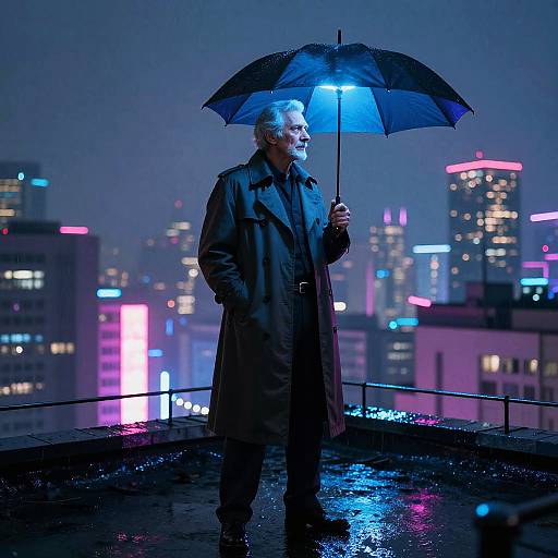 Photograph of a bearded elderly man in a long black coat holding a glowing blue umbrella on a rainy rooftop at night, with neon-lit city