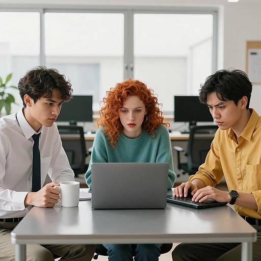 Three colleagues working on laptop in modern office