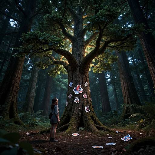 Woman Gazing at Magical Forest Tree