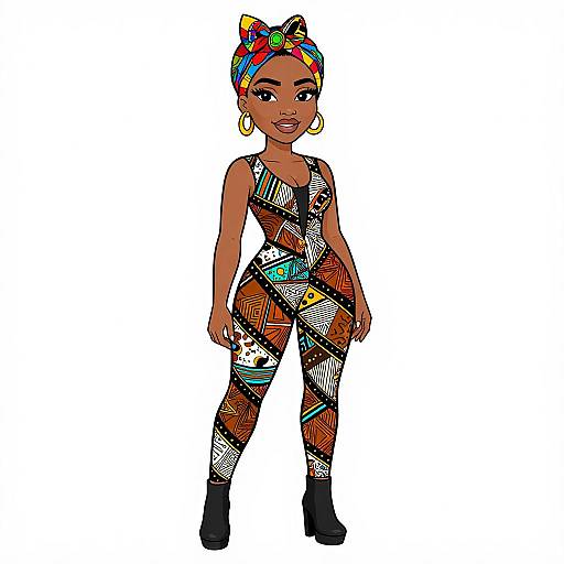 Smiling Afrocentric Woman in Patterned Jumpsuit