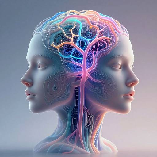 Digital CGI image of a blue-toned human head in profile, showing glowing, multicolored neural networks and circuitry patterns.