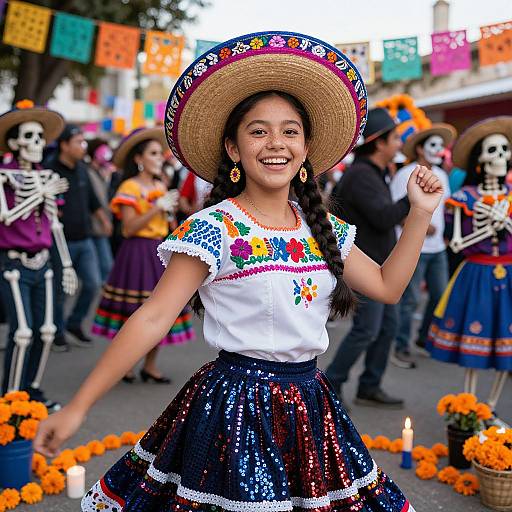 Photograph of a smiling Latina girl in colorful Mexican dress and straw hat, dancing at a Day of the Dead festival, surrounded by marigolds,