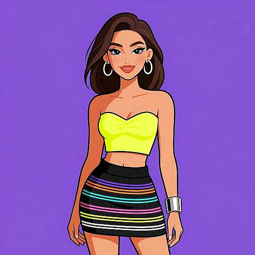 Digital illustration of a confident woman with long brown hair, wearing a yellow strapless top, multicolored striped skirt, large hoop earrings, and silver