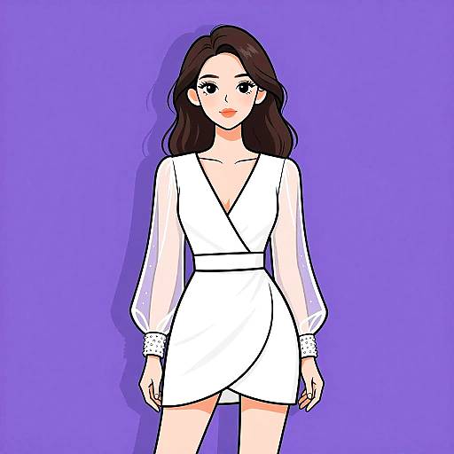 Digital anime-style illustration of a fair-skinned woman with long dark brown hair, wearing a white, long-sleeve, V-neck mini-dress
