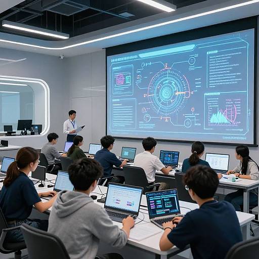 Photograph of a modern tech conference room with eight Asian men and women, typing on laptops, focused on a large, illuminated projection screen displaying technical blue