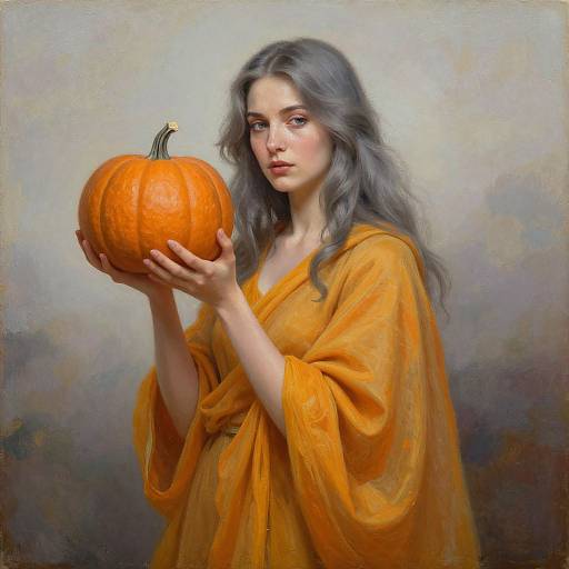 Digital painting of a fair-skinned, long-haired woman in an orange robe holding a large pumpkin, with a soft, muted background.