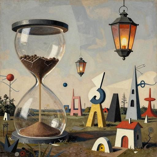 Surreal painting: large hourglass with sand, hanging lanterns, colorful geometric buildings, small house, red ball, and abstract sky.