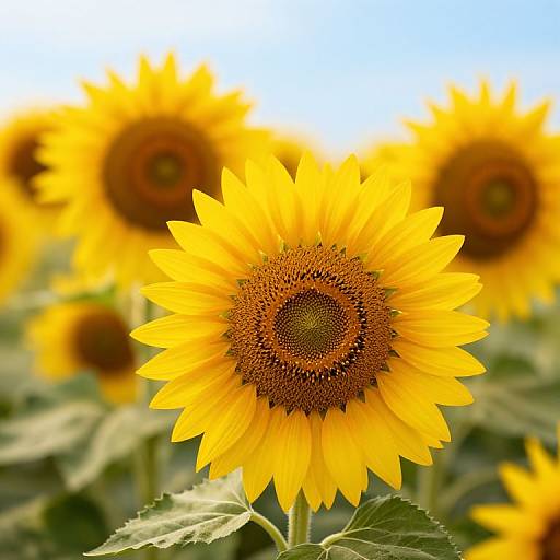 Close-up photograph of a vibrant yellow sunflower with a brown, seed-filled center, surrounded by a blurred field of similar sunflowers under a clear blue