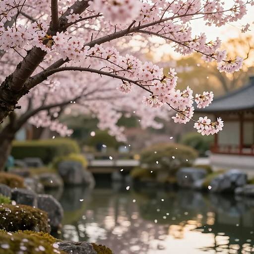 Photograph of a serene Japanese garden featuring cherry blossoms in pink bloom, sunlit, with sparkling petals floating over a reflective pond and traditional wooden building
