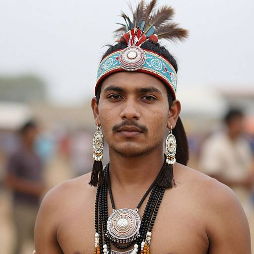 Photograph of a shirtless, dark-skinned man with a mustache, wearing a decorative feathered headband, large earrings, and bead necklace