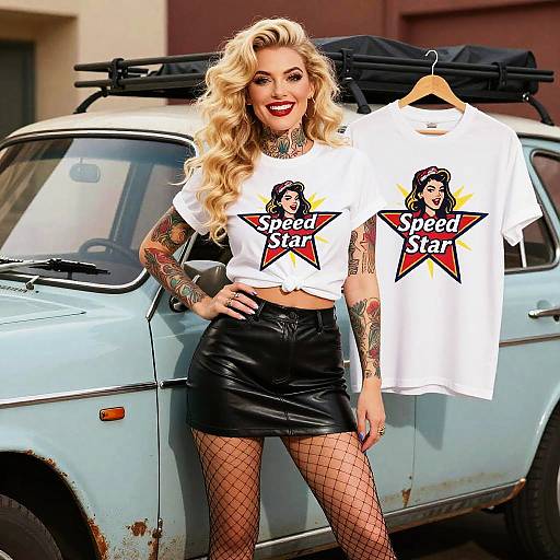 Blonde woman with tattoos, red lipstick, white 