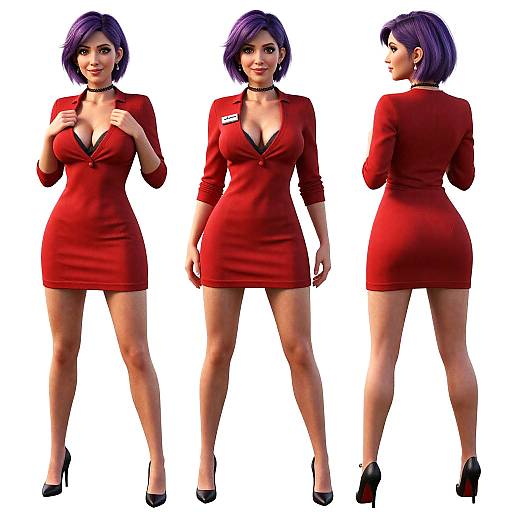 CGI image of a purple-haired woman in a red, form-fitting, button-down dress with a name tag, black high heels, and ch