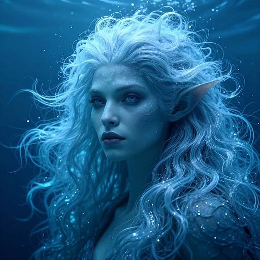 Digital artwork of a blue-tinted, ethereal mermaid with long, wavy white hair, pointed ears, and intense eyes, set against