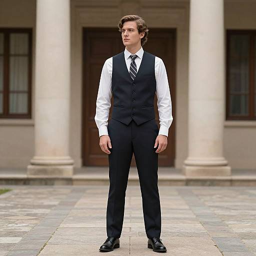 Photograph of a young, handsome man with light brown hair, standing confidently in front of a classical building. He wears a black vest, white shirt