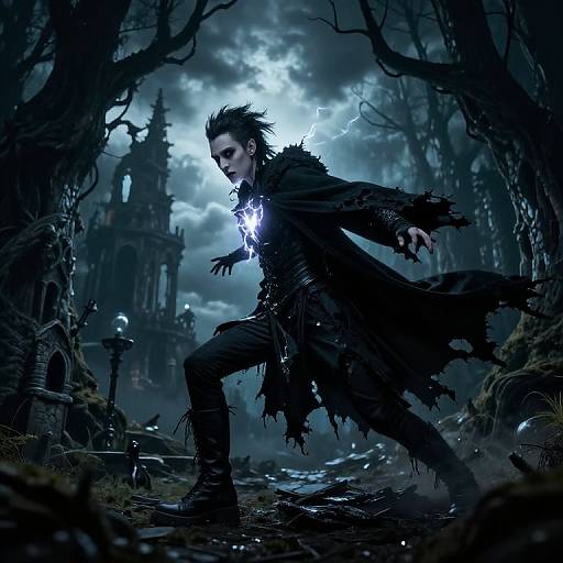 Digital artwork of a dark, stormy forest with a brooding, spiky-haired male vampire in tattered black clothes, glowing white eyes, and