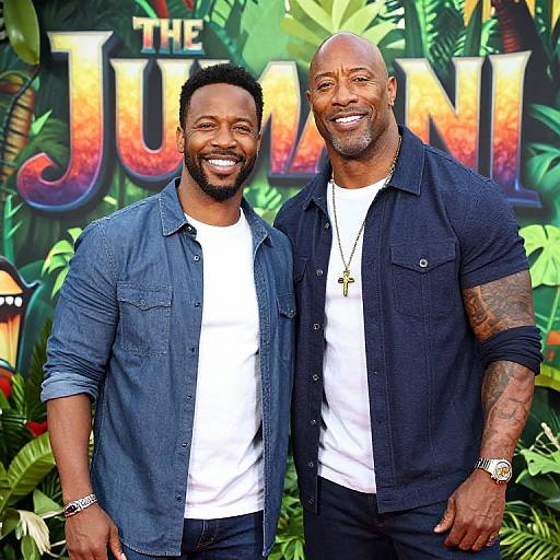 Photograph of two smiling Black men with muscular builds, one in a denim shirt and white tee, the other in a black shirt and white tee,