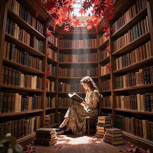 Photograph of a woman with curly hair, wearing a floral dress, sitting among stacks of books in a sunlit library, reading, with red leaves