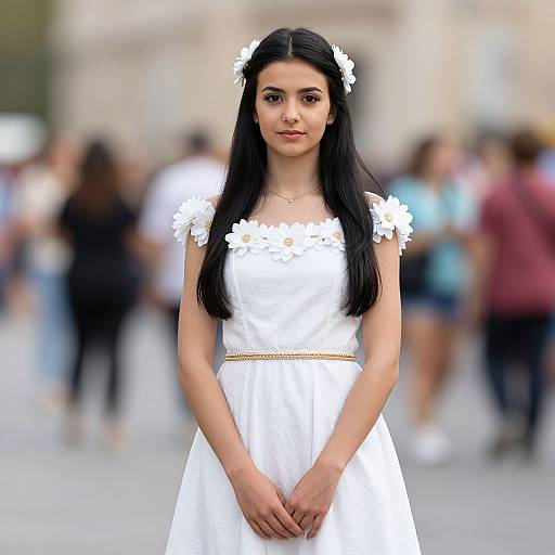 Photograph of a young woman with long black hair, wearing a white floral dress and flower crown, standing in a blurred urban crowd.