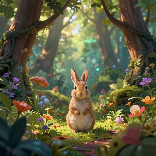 Digital artwork of a cute, fluffy brown bunny with upright ears, standing in a sunlit, colorful forest path filled with vibrant flowers and lush greenery