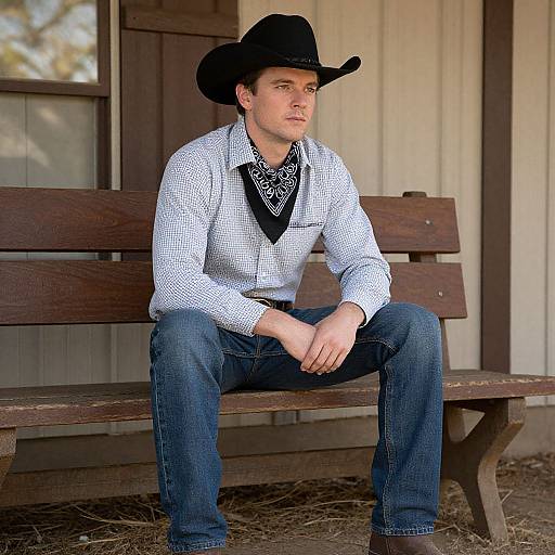 Photograph of a young white man in a black cowboy hat, white checkered shirt, black bandana, blue jeans, sitting on a wooden bench