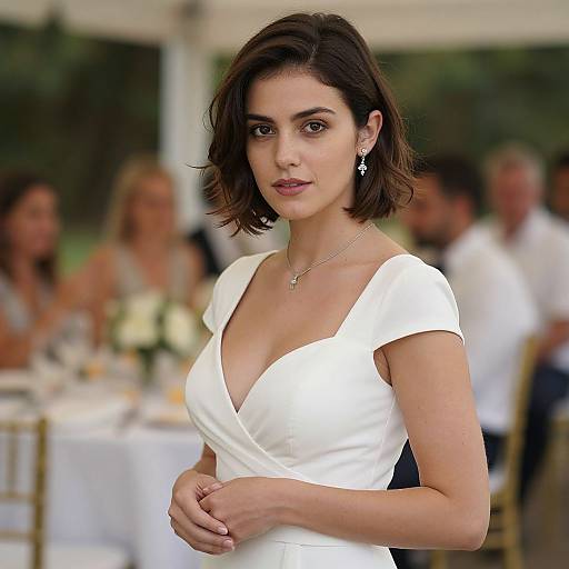 Photograph of a beautiful brunette woman with short hair, wearing a white V-neck dress, standing at an outdoor, blurred, elegant event.