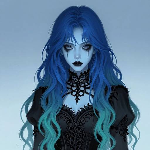 Digital painting of a pale, blue-haired woman with dark lipstick, wearing a black lace dress and intricate choker, against a gradient blue background. Gothic