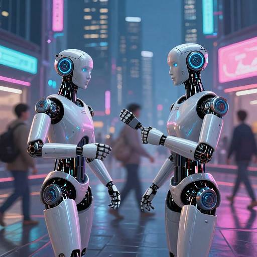Photorealistic CGI of two white, blue-accented humanoid robots in a neon-lit, futuristic city street, engaging in conversation. Blurred
