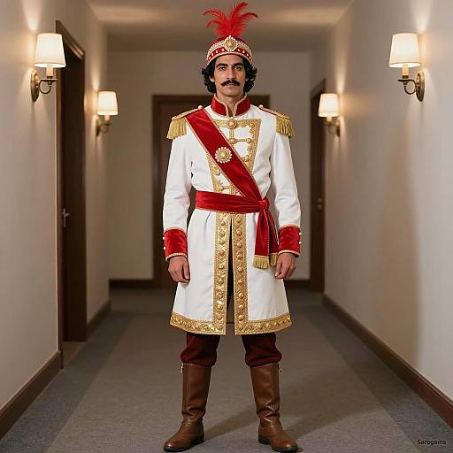 Man in Ornate White and Red Costume with Feathered Headpiece