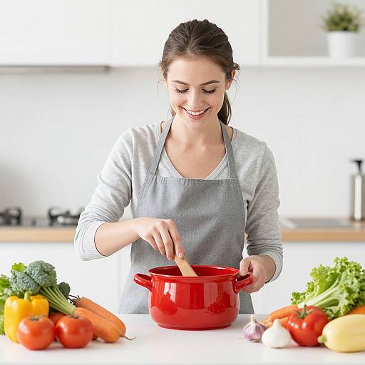 Photograph of a smiling young woman with brown hair in a gray apron, stirring a red pot on a kitchen counter with colorful vegetables in the background