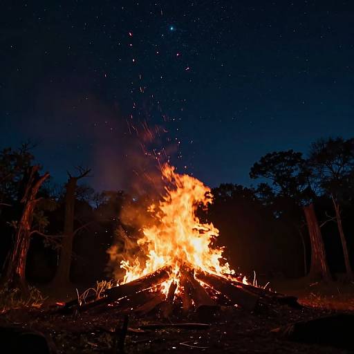 Photograph of a roaring campfire at night, with bright orange flames and sparks, surrounded by dark silhouetted trees under a starry blue