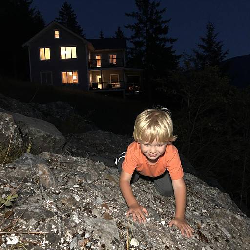 Blonde Child Crawling on Rocky Cliff at Night