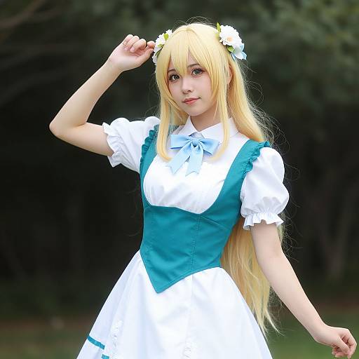Photograph of a young woman with long blonde hair, wearing a blue and white pinafore dress, flower crown, and white blouse, standing outdoors