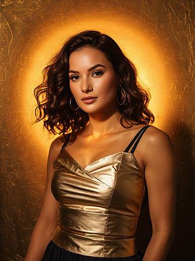 Elegant woman in gold top with wavy hair