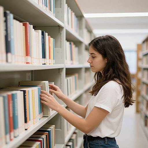 Photograph of a young woman with long brown hair, wearing a white t-shirt and blue jeans, browsing books on a library shelf.