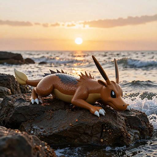 Photograph of a small, orange, dragon-like creature with black spines and horns, crouched on a rocky shoreline at sunset, waves crashing