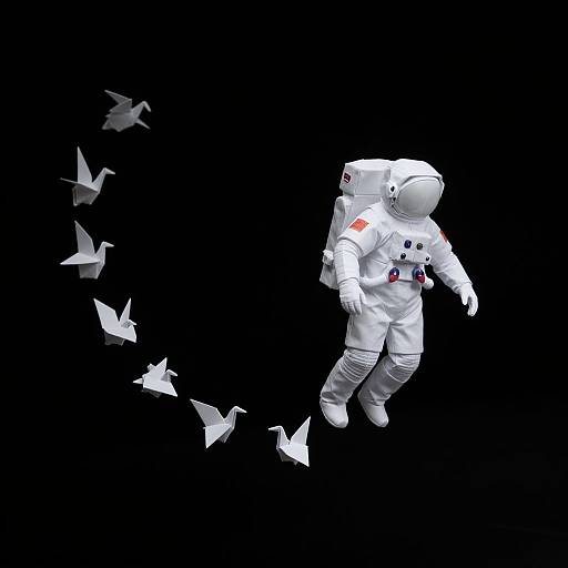 Photograph-style digital art of an astronaut in a white spacesuit with a helmet, floating against a black background, surrounded by white paper airplanes.